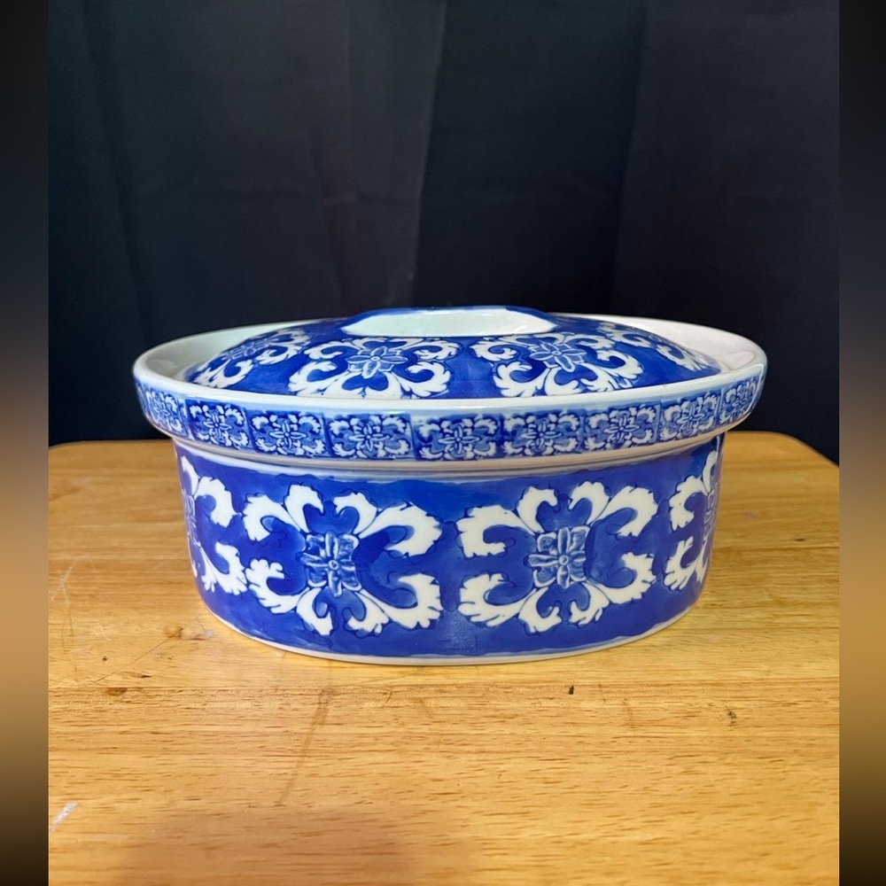 White and Blue Floral Dish W/ Lid